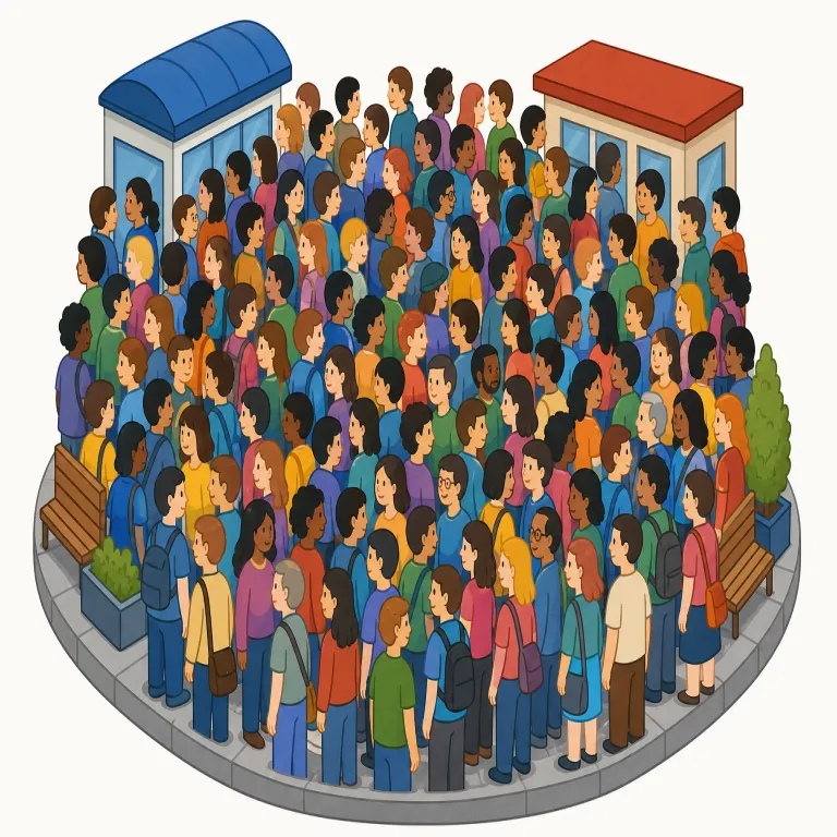 overpopulated（人口過多・形容詞）の覚え方イラスト — このエントリの overpopulated は、単に「人が多すぎる」という日常的な印象ではなく、地域や都市の人口が住宅、交通、水、食料、行政サービスなどの許容量を超えて…