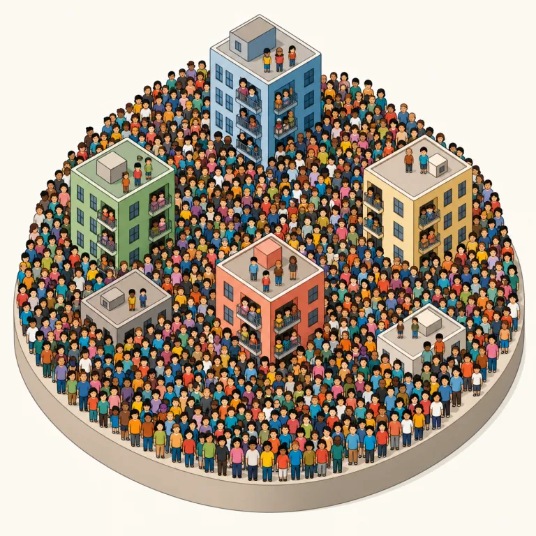 overpopulation（人口過剰・名詞）の覚え方イラスト — population を知っていれば、overpopulation は "population が over している" と見て覚えると速いです