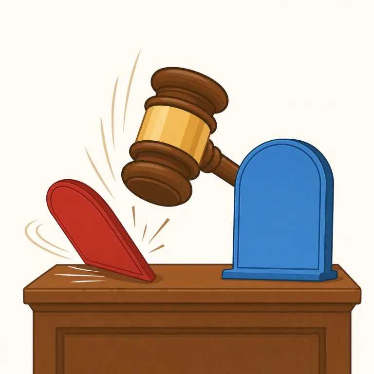 overruling（却下する・動詞）の覚え方イラスト — この意味の overruling は、特に法廷や公式な会議で、objection「異議」や protest「反対意見」を権限によって退ける場面で覚えると定着します