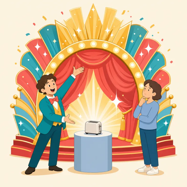 oversell（誇張して売る・動詞）の覚え方イラスト — over- は「超えて、過度に」、sell は「売る」です