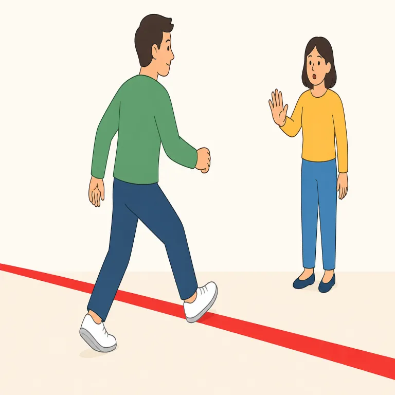overstep（踏み越える・動詞）の覚え方イラスト — overstep は over「越えて」+ step「一歩踏む」と分けると、決められた線を一歩出てしまうイメージで覚えやすいです