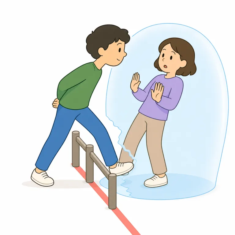 overstepping（限度を越える・動詞）の覚え方イラスト — over は「上に・越えて」、step は「一歩進む」です