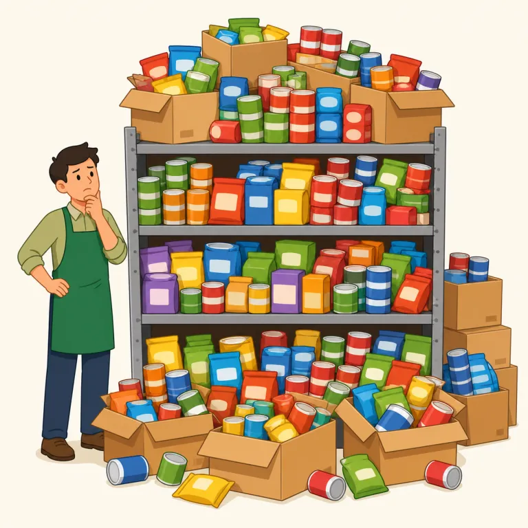 overstocked（在庫過剰・形容詞）の覚え方イラスト — このエントリの overstocked は、仕入れ行為そのものよりも、店・倉庫・市場に物が余っている「在庫過剰」の状態を表す用法として覚えます