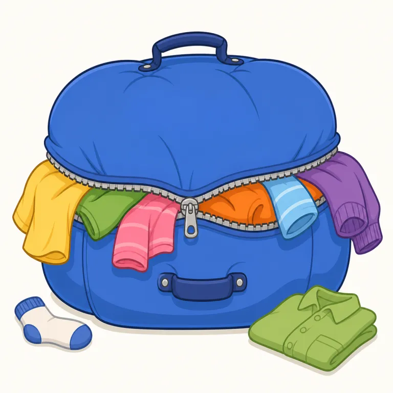 overstuffed（詰め込みすぎた・形容詞）の覚え方イラスト — overstuffed は over-「過度に」+ stuffed「詰めた」と分けると理解しやすい
