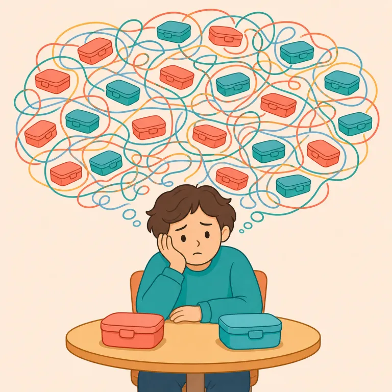 overthink（考えすぎる・動詞）の覚え方イラスト — think「考える」に over-「やりすぎて・度を越えて」が付いた形だと押さえると覚えやすいです