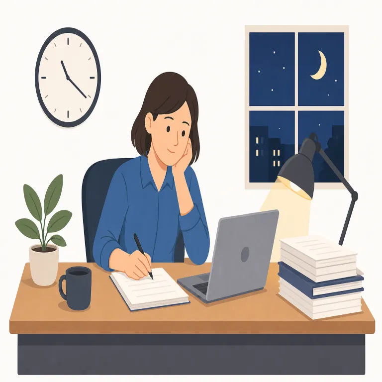 overtime（残業・名詞）の覚え方イラスト — over + time を「決められた時間を越えた時間」と分けると、勤務時間を越えて働く「残業」の意味にも自然につながります