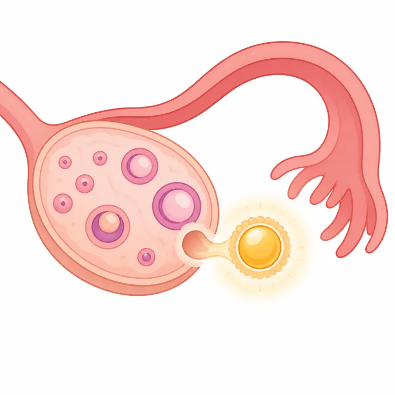 ovulation（排卵・名詞）の覚え方イラスト — ovulation は ovary（卵巣）や ovum（卵）とまとめて覚えると定着しやすい語です