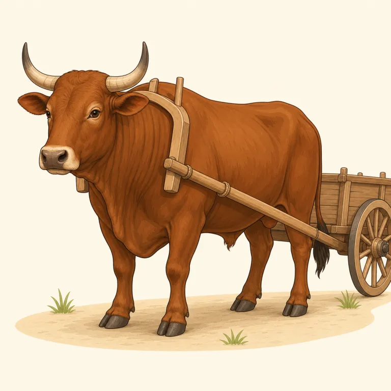 ox（去勢雄牛・名詞）の覚え方イラスト — ox は、昔の農村で荷車や農具を力強く引く去勢雄牛を思い浮かべると覚えやすい語です