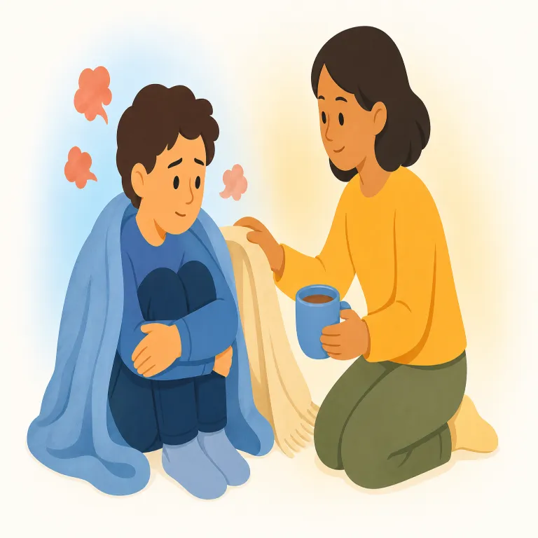 pacifying（なだめる・動詞）の覚え方イラスト — このエントリでは pacifying を「人や集団の怒り・不安を外からなだめる」という意味で覚えます
