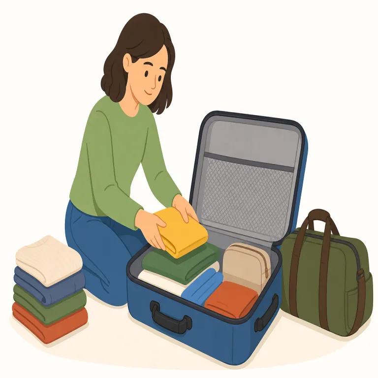 pack up（荷造りする・句動詞）の覚え方イラスト — この意味では pack を「物を詰める」、up を「最後までまとめる」と捉えます