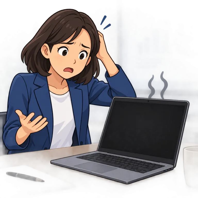 pack up（故障する・phrasal_verb）の覚え方イラスト
