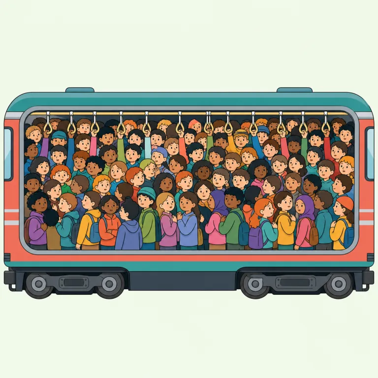 packed（満員の・形容詞）の覚え方イラスト — pack「荷物を詰める」から、「人や物が荷物のようにぎっしり詰まった」状態を packed と表します