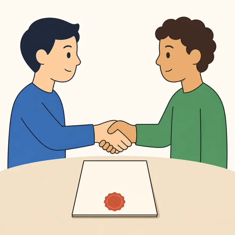 pact（協定・名詞）の覚え方イラスト — pact は「当事者どうしがしっかり結ぶ重い約束」として覚えると定着しやすい語