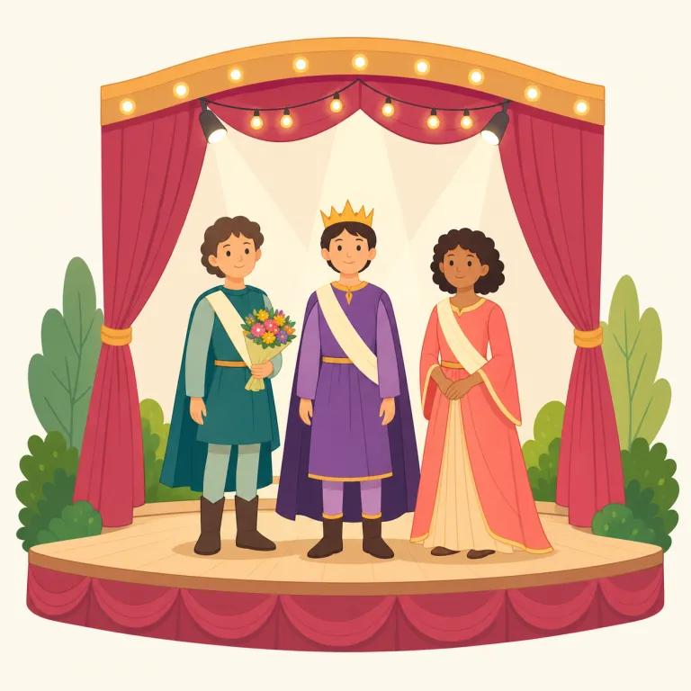 pageant（美人コンテスト / 野外劇・名詞）の覚え方イラスト — pageant は、まず beauty pageant（美人コンテスト）や Christmas pageant（学校や教会の劇・催し）という形で覚えると定着しやすい…
