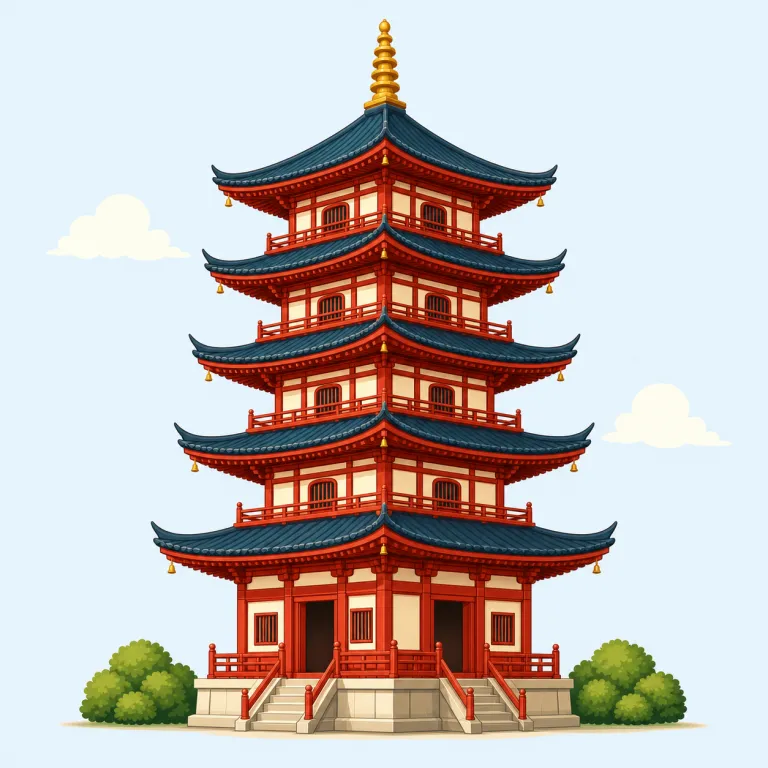 pagoda（仏塔、多層塔・名詞）の覚え方イラスト — tower ではただの「塔」ですが、pagoda は Asia の寺院で見る「屋根が段々に重なる仏塔」とセットで覚えると定着しやすい語です
