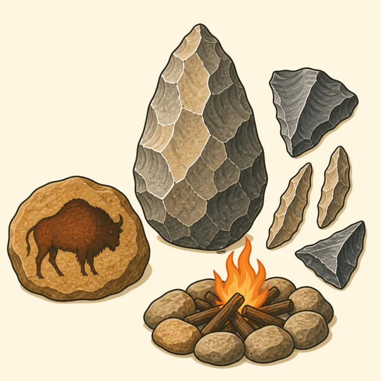 palaeolithic（旧石器時代の・形容詞）の覚え方イラスト — まず paleontology（古生物学）の paleo- を思い出すと、「かなり古い時代の話だ」と入れやすいです