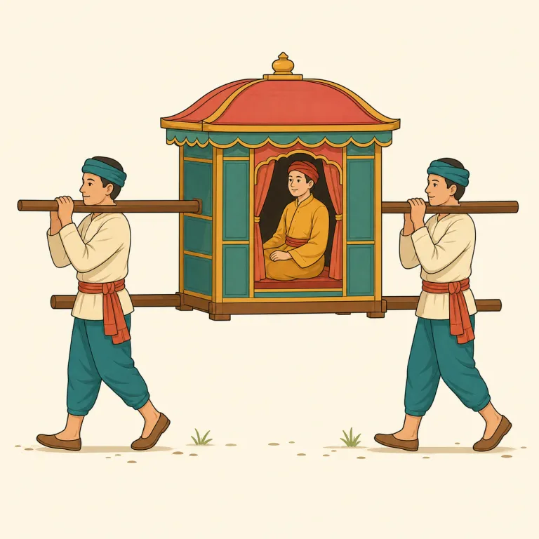 palanquin（駕籠・名詞）の覚え方イラスト — 歴史小説や植民地時代の旅行記で出る、「人が人を運ぶ乗り物」の専門語として覚える