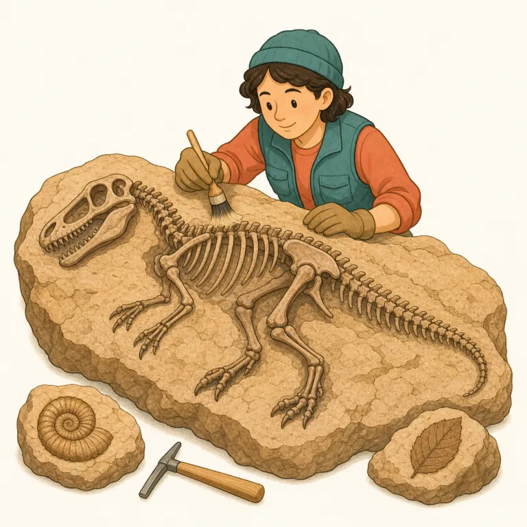 paleontology（古生物学・名詞）の覚え方イラスト — -logy は biology, geology と同じく「学問」を表すので、まず「何かを研究する分野」だとつかむ