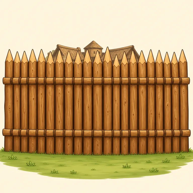 palisade（柵・名詞）の覚え方イラスト — palisade は「杭をびっしり立てた、防御目的の柵」と一枚絵で覚えるのがいちばん早い