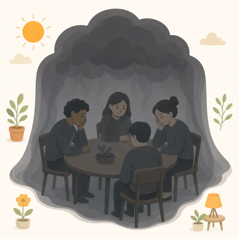 pall（暗い雰囲気・名詞）の覚え方イラスト — pall は『何かが上からかぶさって、その場全体の空気を暗く鈍くする』場面で覚えると残りやすい