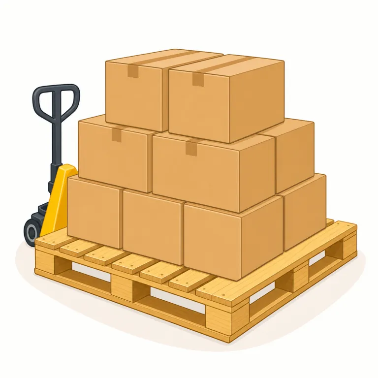 pallet（パレット・名詞）の覚え方イラスト — pallet は倉庫や工場で、箱や袋をまとめて載せる平らな台を指します