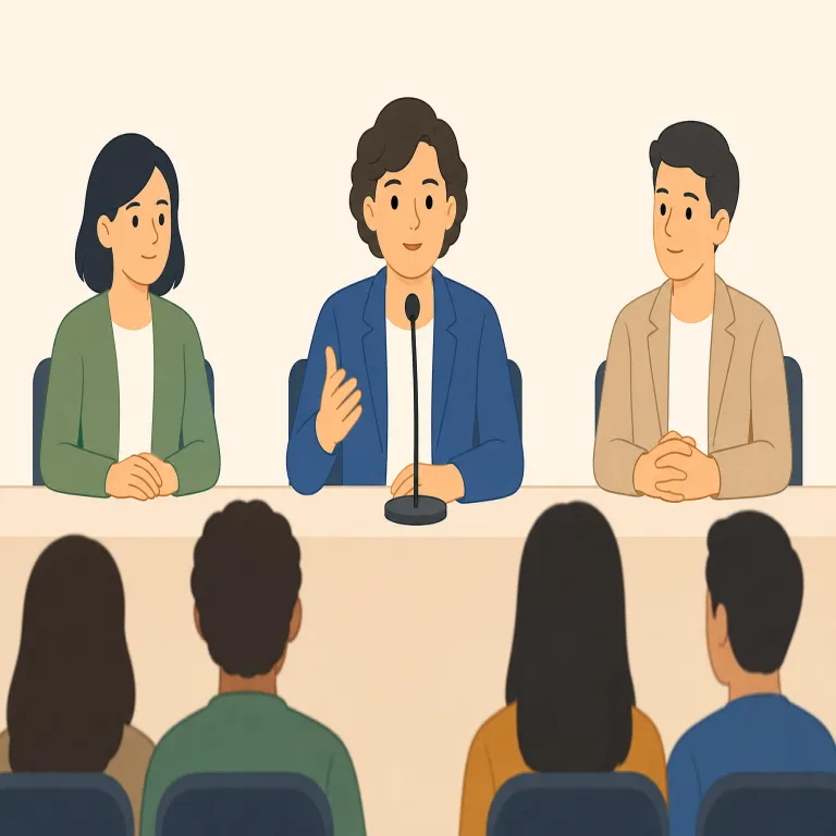 panelist（パネリスト・名詞）の覚え方イラスト — panel はまず panel discussion の panel と結びつけると定着しやすい語です