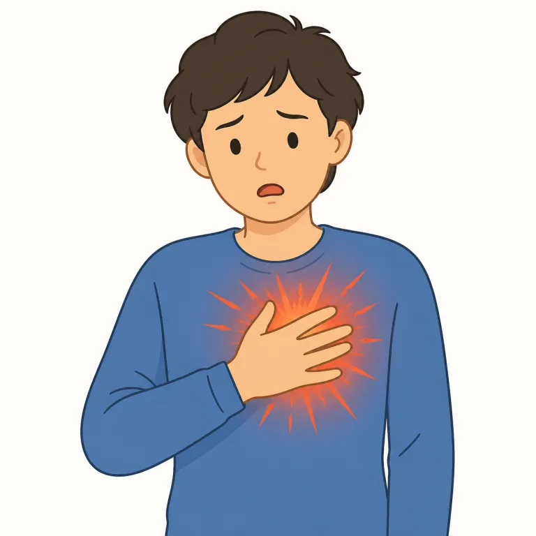 pang（胸を締め付けるような痛み・名詞）の覚え方イラスト — pain の親戚のように見て、「長く続く痛み」ではなく、胸や心に一瞬ずきっと走る痛みだと覚える