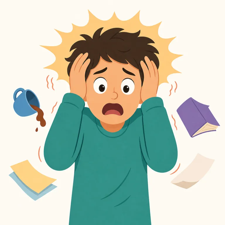 panic（パニック、恐慌・名詞）の覚え方イラスト — panic を名詞で覚えるときは、「怖い気持ち」そのものより、冷静な行動が崩れた状態に注目する