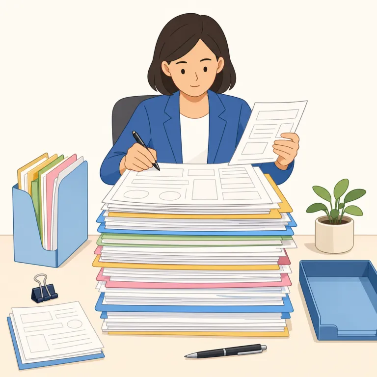 paperwork（書類仕事・名詞）の覚え方イラスト — paper と work をそのまま重ねて、「紙そのもの」ではなく「紙を相手にする仕事のまとまり」と捉えると覚えやすい語です