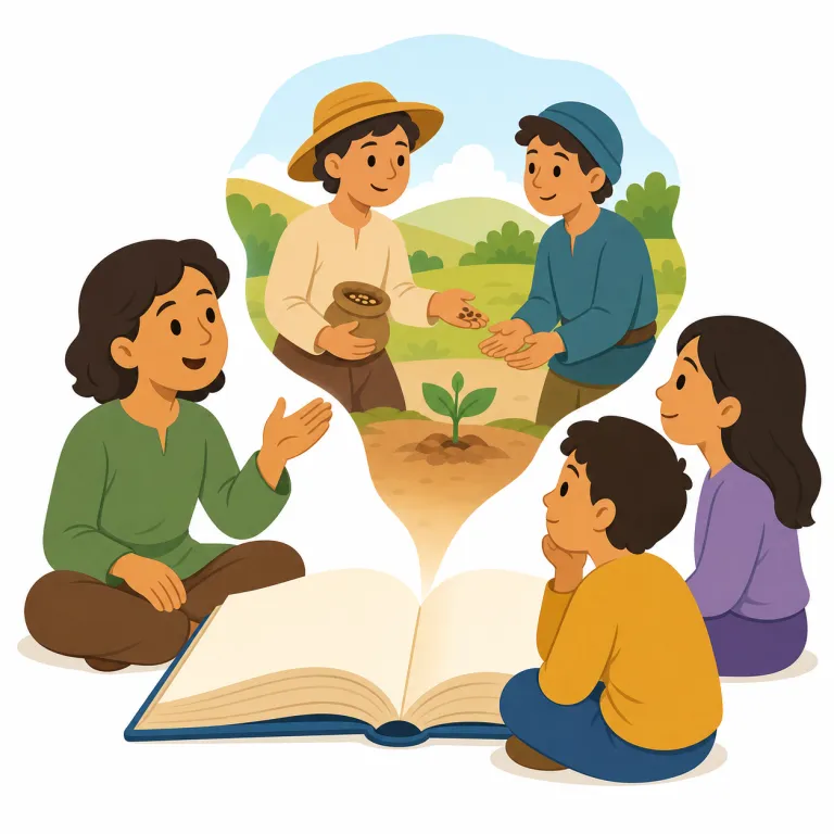 parable（たとえ話・名詞）の覚え方イラスト — parable は「教訓を伝える短いたとえ話」として覚えます