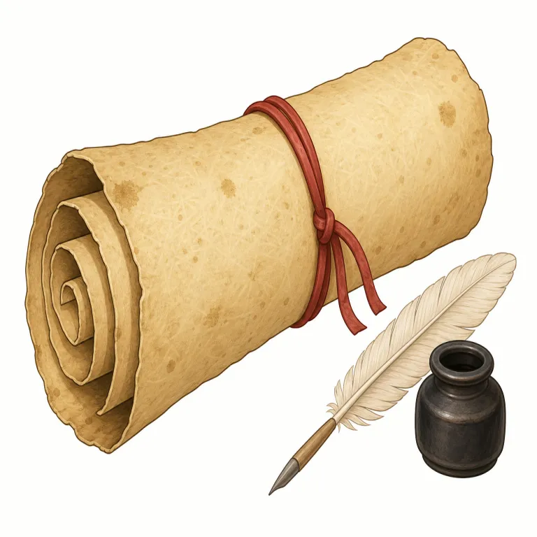 parchment（羊皮紙・名詞）の覚え方イラスト — parchment は、まず身近な paper と対比して覚えると残りやすい語です