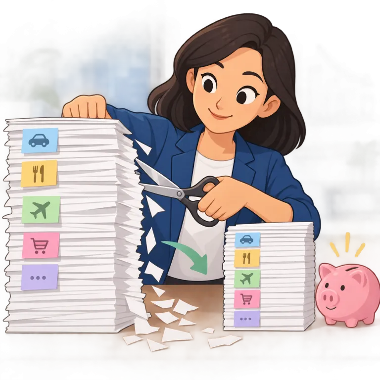pare（（費用などを）切り詰める・verb）の覚え方イラスト