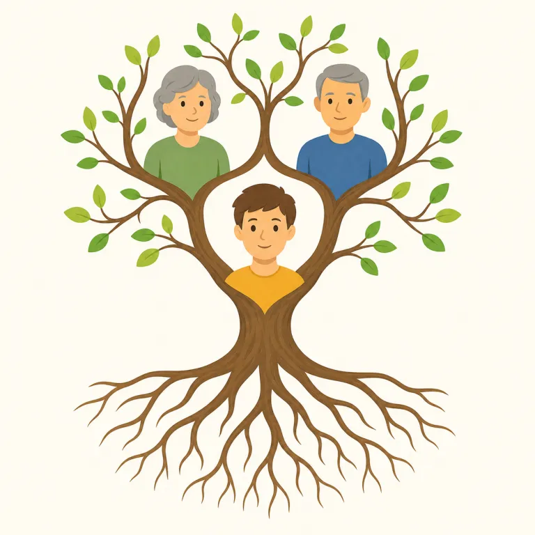parentage（出自、血統・名詞）の覚え方イラスト — parent がそのまま入っているので、まず「親に関する情報」と結びつけると覚えやすいです