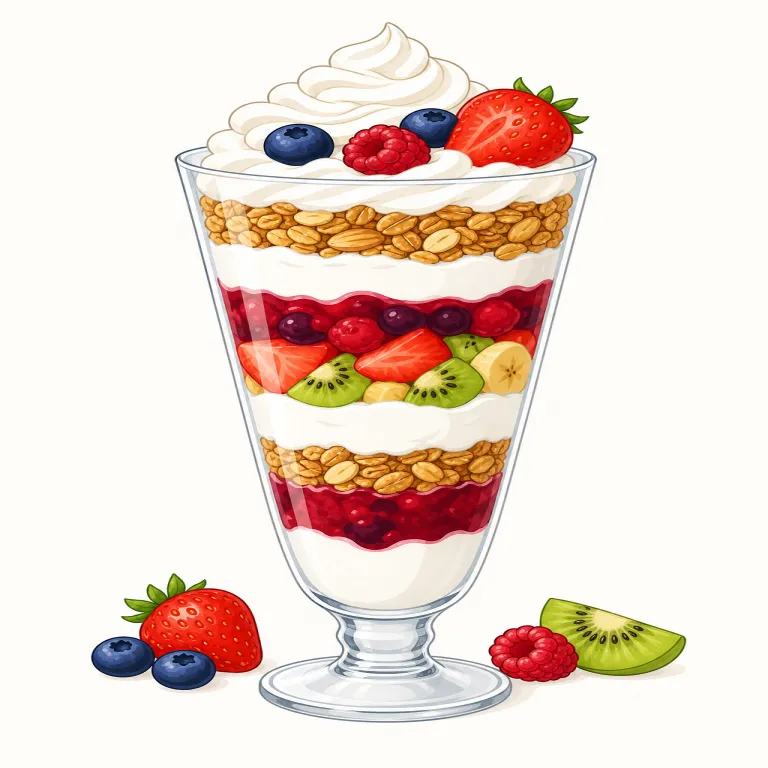 parfait（パフェ・名詞）の覚え方イラスト — 日本語の「パフェ」とほぼ同じ形なので、まず音で固定しつつ、英語では「グラスの中に層を見せる冷たいデザート」という絵で覚えると定着します