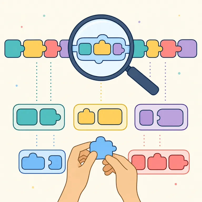 parse（解析する・動詞）の覚え方イラスト — parse は「全体を読む」のではなく、「parts に分けて意味を取る」と覚えると残りやすい