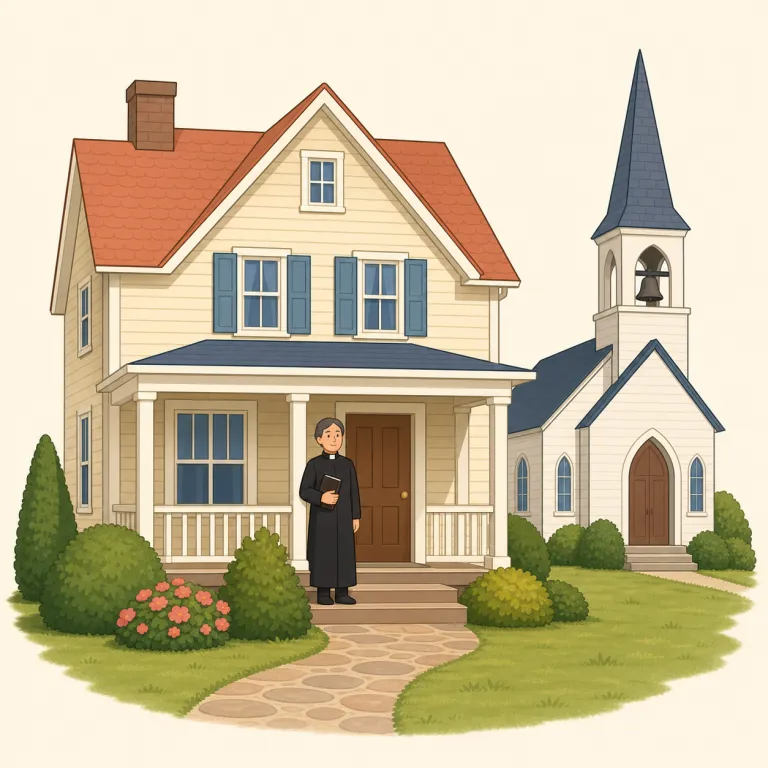 parsonage（牧師館・名詞）の覚え方イラスト — parsonage は parson（プロテスタント系の牧師）+ -age（場所・施設を表すことが多い語尾）と見れば、「牧師に関係する建物」→「牧師館」とたどれます