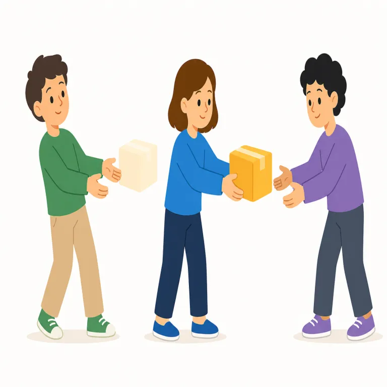 pass on（伝える・句動詞）の覚え方イラスト — pass on は、受け取った情報や依頼を自分で止めず、別の相手へ回して「伝える」意味です