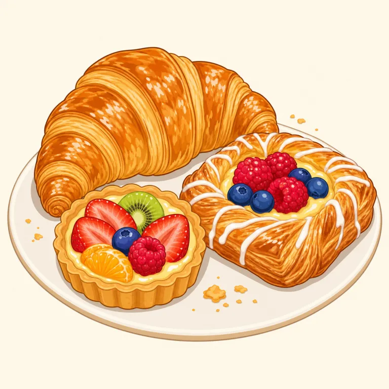 pastry（焼き菓子・名詞）の覚え方イラスト — pastry は、ここでは「パイ生地」そのものではなく、その生地を使って焼いた小さな菓子やベーカリーの商品を指す意味です