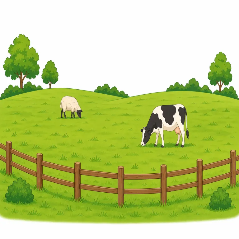 pasture（牧草地・名詞）の覚え方イラスト — この pasture は「牧場」という基本義とは別に、家畜が食べる草が生えた土地そのもの、つまり「牧草地」を表す意味として覚えます