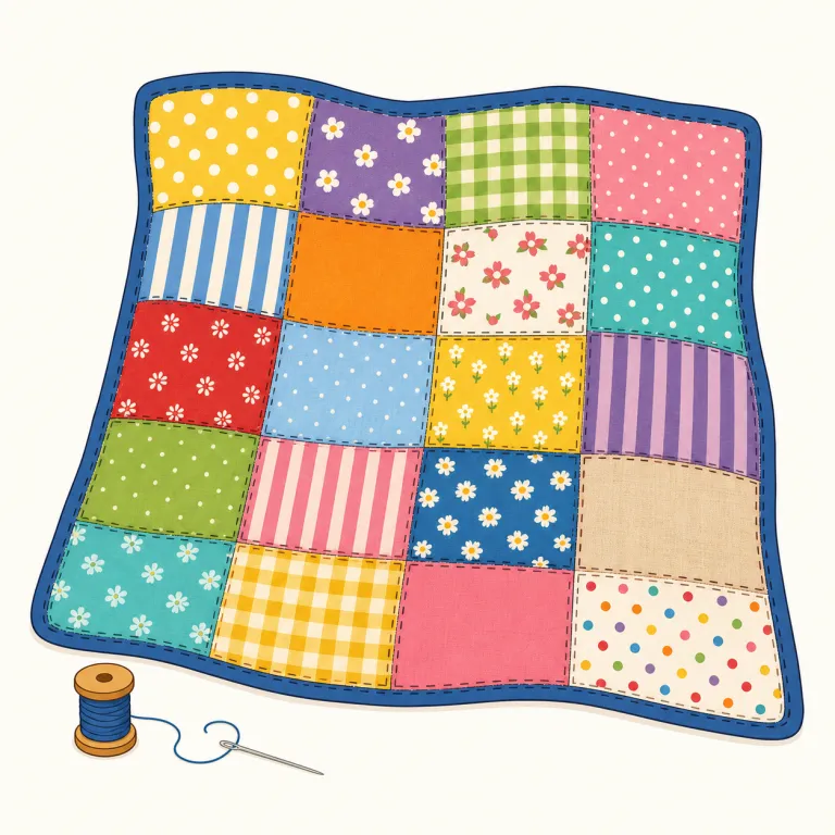 patchwork（パッチワーク・名詞）の覚え方イラスト — patch といえば服の「つぎ当て」や、ソフトの小さな修正パッチを思い出すとよいです