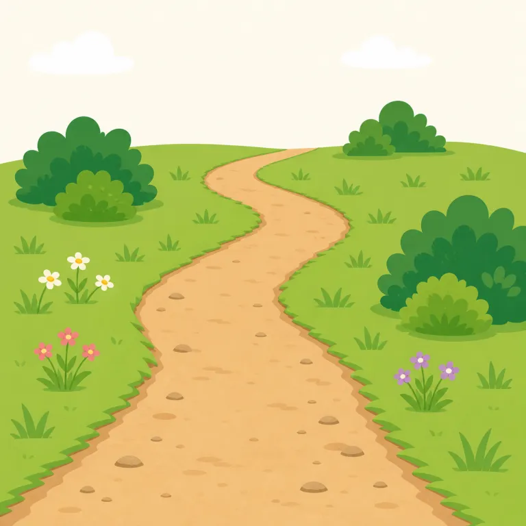 path（小道・名詞）の覚え方イラスト — このエントリの path は、抽象的な「進路」ではなく、森・公園・山などで人が歩く細い通り道を指します