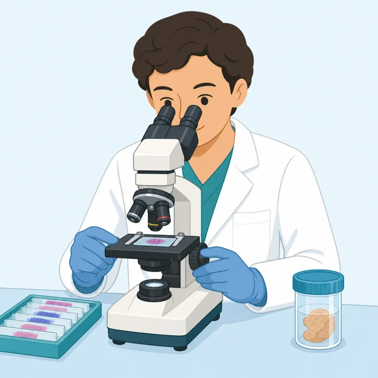 pathologist（病理医・名詞）の覚え方イラスト — pathologist は pathology（病理学）+ -ist（その分野の専門家）と見ると覚えやすい語です