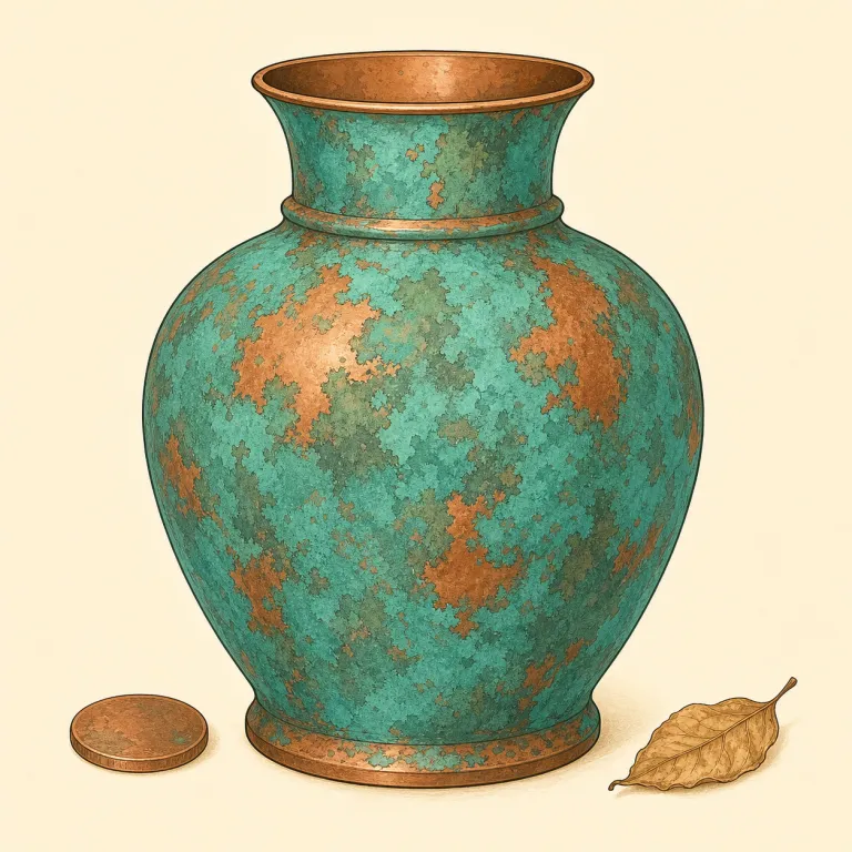 patina（古色・名詞）の覚え方イラスト — patina は「古い金属の表面に出る味わいある膜」とセットで覚えると残りやすいです