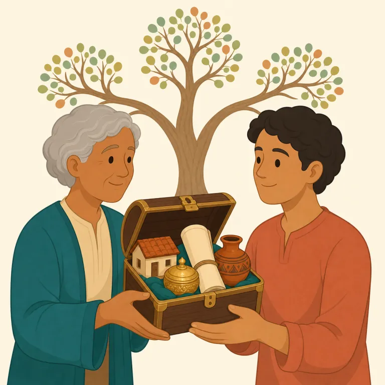 patrimony（遺産・名詞）の覚え方イラスト — まず `paternal`（父の）や `parent` を連想すると、`patrimony` は「家系の中で受け継ぐもの」とまとまりやすいです