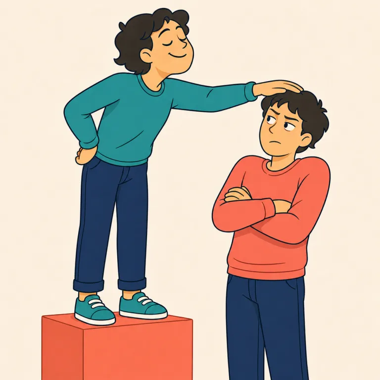 patronizingly（見下すように・副詞）の覚え方イラスト — patron は本来「後援者」で、patronize には「店をひいきにする」と「上から目線で扱う」の二つの意味がある