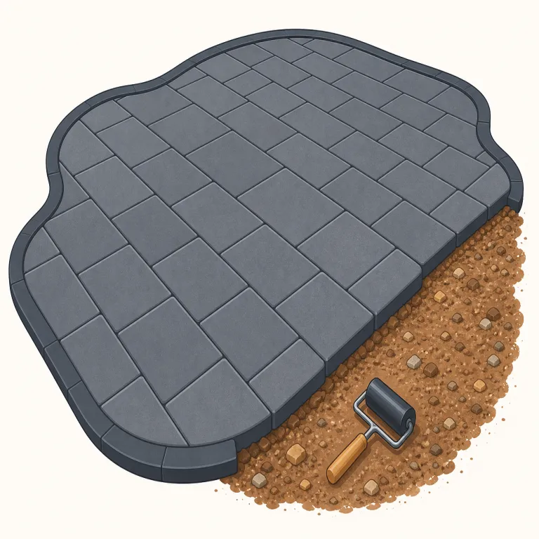 paving（舗装・名詞）の覚え方イラスト — この語では「地面を使える道に変える作業」に意識を置くと覚えやすいです