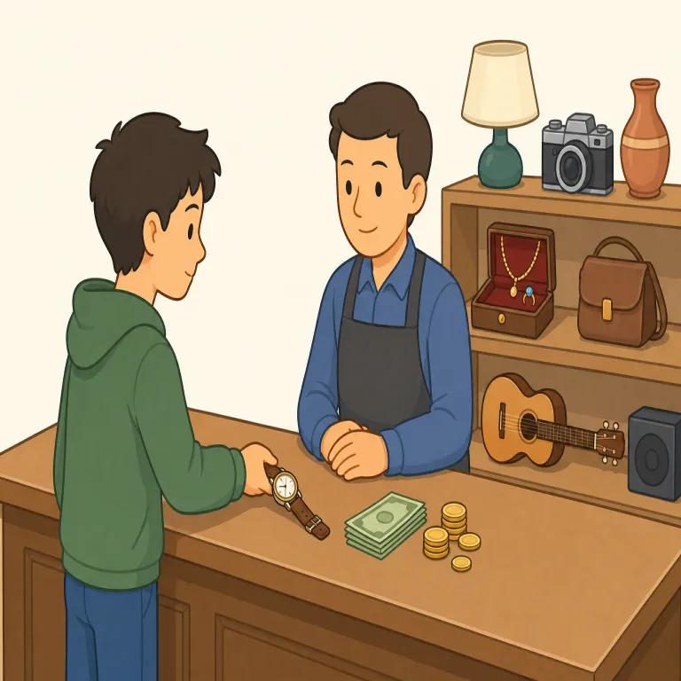 pawnshop（質屋・名詞）の覚え方イラスト — shop が「店」なので、まず「何の店か」を pawn で絞る