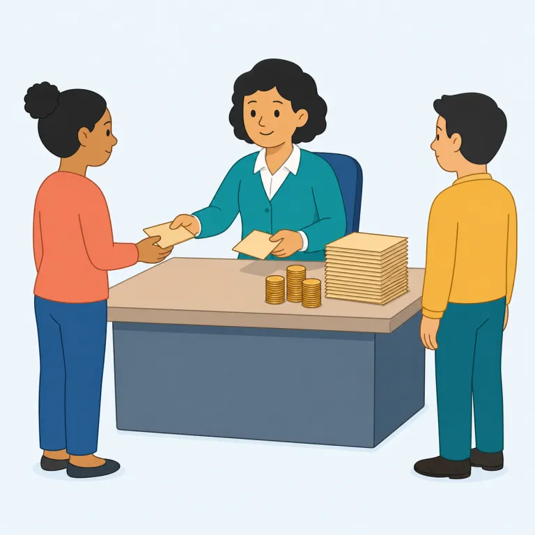 paymaster（給与主任・名詞）の覚え方イラスト — pay + master で、そのまま「支払いを取りしきる人」と分解すると覚えやすいです