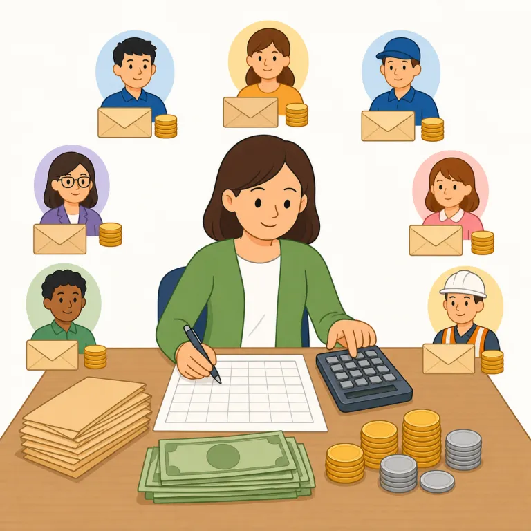 payroll（給与計算・名詞）の覚え方イラスト — この意味では payroll を「給料を支払うための事務処理」として覚えます