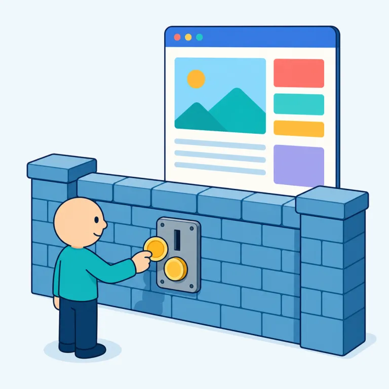 paywall（課金の壁・名詞）の覚え方イラスト — pay「支払う」＋ wall「壁」で、支払わないと先へ進めないデジタル上の壁を思い浮かべると覚えやすい